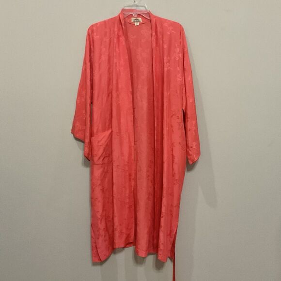 Vintage 50s Dynasty Hong Kong Silk Jacquard Peach Dressing Gown Robe Hostess Med - Picture 4 of 12
